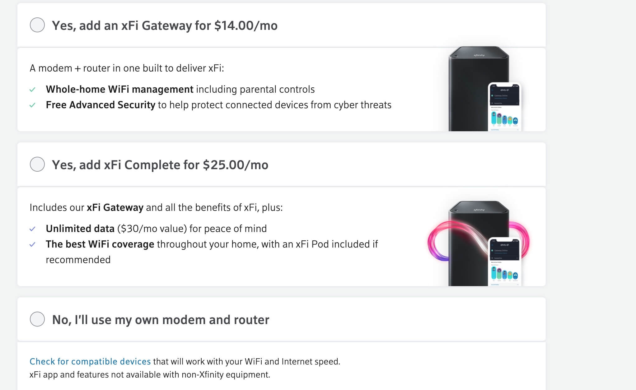 Xfinity router options screenshot.