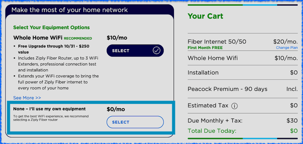 Demonstration of where to remove the router fee for Ziply internet plans.